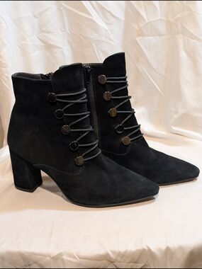 Vivian Ray Black Suede Ankle Booties with Button-Trim and Block Heel